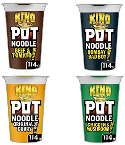 Pot Noodle King Bundle | Chicken & Mushroom King Pot 114g | Bombay Bad Boy 114g | Original Curry 114g | Beef & Tomato 114g | Total of 4x114g of Noodles