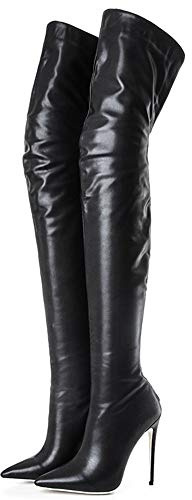 Kitulandy Damen Overknee Stiefel High Heels Reißverschluss PU Leder Oberschenkel Hohe Stiefel, Schwarz (Schwarz A), 39 EU