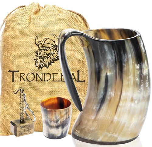 Viking Drinking Horn Mug - Unique Gifts for Men, 15-20 Oz Natural Ox Horn Cup & Cofee Stein | Cool Unique Gift for Brother or Dad, Home Decor Accessories | Shot Glasses for Beer, Ale, Mead, Whiskey