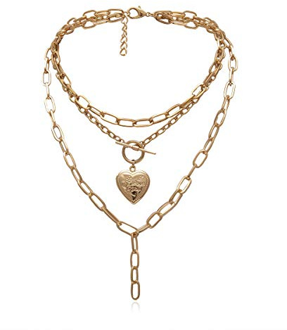 HMOOY Cool Punk Grueso Cadena Collar Llamativo En Forma De Corazón Foto Medallón Colgante En Capas Gargantilla Collar Joyería para Mujeres Niñas (Gold)