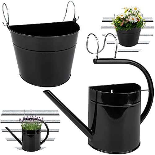 alles-meine.de GmbH 2 TLG. Set: Hänge - Töpfe Farbwahl Blumentopf/Wandvase/Hängetopf - Ø 35 cm - Metall - schwarz - Gießkanne - HALB RUND - Hängend/mit Haken & Halterun..