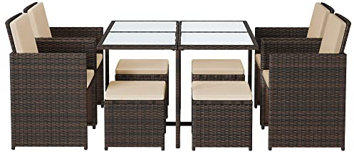 SONGMICS Gartenmöbel-Set Polyrattan Lounge, Esszimmermöbel, Esstisch und Stühle, 9er Set, aus PE-Rattan, Terrassenmöbel, Couchtisch mit Glasoberfläche, mit Kissen, platzsparend, braun-beige GGF009K02