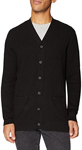Men's Cable Cardigan Sweater Cashmere V Neck Buttons Cardigan with Pockets (L, Black)