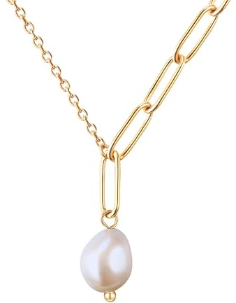 Valero Pearls Damen Kette aus Edelstahl gelbvergoldet mit Barock Süßwasser-Zuchtperle 7,3 mm weiß - Edelstahlhalskette Gelbgold mit Perle