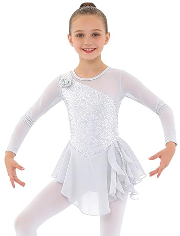 Freebily Abito da Pattinaggio Artistico Bambina Paillettes Glitter Vestito Danza Classica Leotards Manica Lunga Body da Ballo Latino Jazz Samba Rumba Balletto Danza Moderna Bianco 8 anni