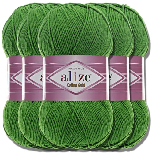 Alize 5 x 100g Cotton Gold Türkische Premium Wolle Baumwolle und Acryl Handstrickgarne | Garn | Yarn | Babywolle Strickgarn Akzente Accessoire Baby zum Häkeln Stricken Kleidung Schals (Grass | 126)