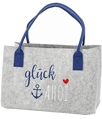Geschenkestadl Filztasche Maritim Stickerei Grau Blau Aufbewahrung Tragetasche Einkaufstasche Faltbar (Glück Ahoi)