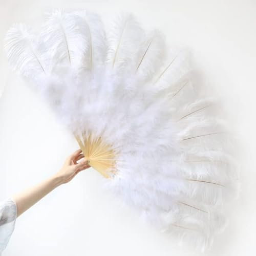 13 Bone Pretty Ostrich Feathers Fan Halloween Party Stage Wedding Celebration Belly Dance Show DIY Decorative Feathers Fan-White,Right Hand