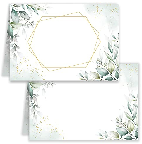 Tischkarten Namenskarten 25 Stück zum Beschriften Blanko Tischkärtchen Hochzeit Geburtstag Kommunion Konfirmation Firmung Taufe Feier Jubiläum vintage Weiß Grün Blätter mit Gold