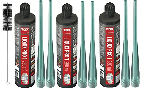 Tox Liquix Pro1 280 ml | 2K Injektionsmörtel | Verbundmörtel | Chemiedübel Beton & Mauerwerk | inkl. 6x Mischer| Schwerlastbefestigung | Montagemörtel Klebeanker (3x 280ml)+BTG Bürste