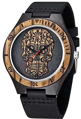 Tiong Herren Holzuhr Zifferblatt mit graviertem Knochengesichtsmuster Quarzuhr Für Männer Verstellbares Lederarmband