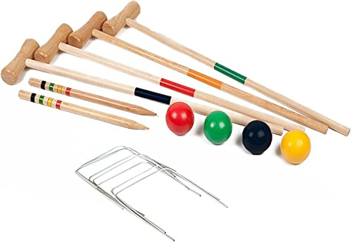 Yorkshire Homeware Wooden Garden Outdoor Croquet Traditional Set 4 Player Family Game with Club Mallets, Balls, Posts and Hoops