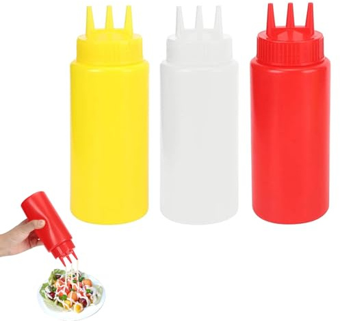 mumisuto 3 Stück Gewürzflasche Saucenflasche, 3 Löcher Squeeze Bottle, Gewürzquetschflasche mit Deckel Ketchupspender für Salatdressing Saucen Ketchup, 450-470ml/Flasche