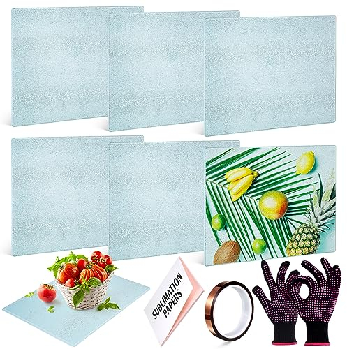 Tanlade 16-teiliges durchsichtiges, blanko Sublimationsglas-Schneidebretter-Set, 6 Stück Glas-Schneidebretter mit Gummifüßen, 27,9 x 20 cm, hitzebeständige Handschuhe, Wärmeübertragungsband und 8