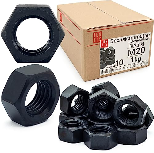 Hochfeste Sechskantmutter M20 | DIN 934 | 1kg (ca.18 Stk.) Festigkeit 10 | Regelgewinde Muttern für Schrauben, Metrisches Mutter für Gewindebolzen, Sechskantmuttern für Gewindestangen