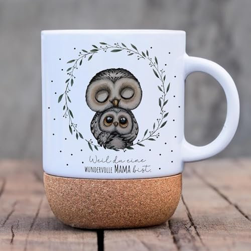 ilka parey wandtattoo-welt Tasse Becher Keramiktasse mit Kork Korktasse Eule mit Kind Spruch wundervolle Mama Kaffeepott Kaffeebecher Kaffeetasse Geschenk tsk14