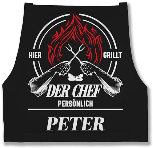 Geschenk mit Namen personalisiert by Shirtracer - Schürze - Grillschürze Herren Männer - Hier grillt der Chef persönlich mit Namen - Grillzubehör Chef Geschenk Vatertag Papa
