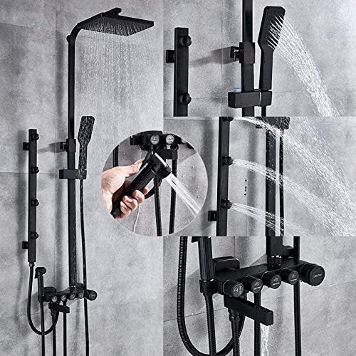 Duschsystem Mattschwarz-Chrom, Duscharmaturen-Set, 5-Wege-Einhandmischer aus Messing, Spa-Massagedüsen, Dusche, Bidet, Badewanne, Duschset-Schwarz, Goldenes-Matt_Schwarz