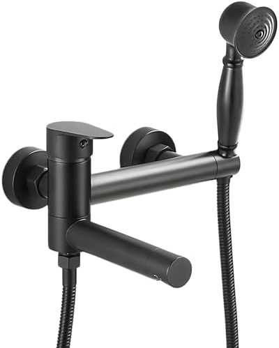 KOPYFANTAP Badewannenarmatur mit Handbrause Schwarz, Wandmontage Mischbatterie Badewanne Wasserhahn Dusche Set, Material Messing, 90° Drehbar Auslauf 15cm