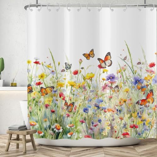 ASDCXZ Blumen Duschvorhang 180x220 cm, Frühling Aquarell Gelb Lila Rose Bunt Blumen Schmetterling Weiß Bad Waschbar Duschvorhänge Polyester Textil Wasserdicht Badevorhang für Badewanne mit 12 Haken