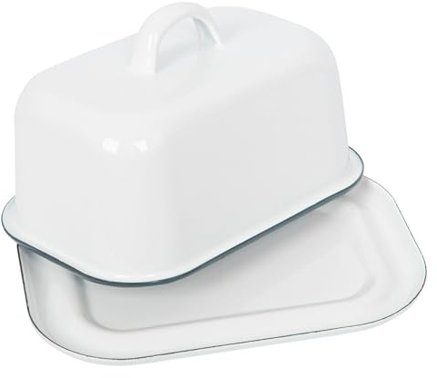 Argon Tableware 1x Vert 18.5cm x 10cm Blanc Beurrier en émail avec Couvercle - Ancien Cuisine Réfrigérateur Fromage Récipient Plateau