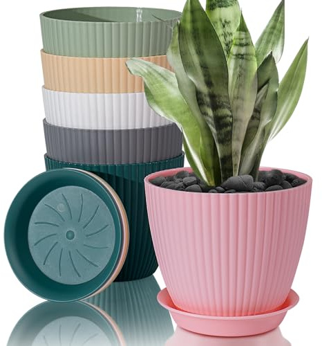 FORAGIFT 6er-Set Blumentöpfe 15 cm, Gestreifte Rillen-Pflanztöpfe aus Kunststoff mit Abflusslöchern und Untersetzern, Farbenfroh Übertöpfe für alle Zimmerpflanzen Indoor