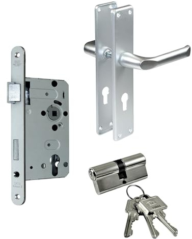 SN-TEC BKS Zimmertür/Wohnungstür/Badezimmer Komplett Set, inclusive Aluminium Schild Beschlag (PZ Schließzylinder, DIN LINKS, Renovierungsschild 240mm x 47mm)