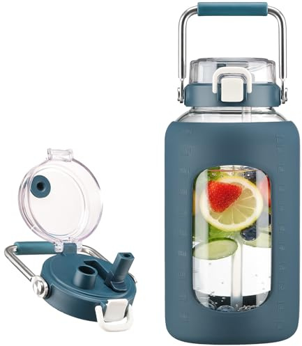 BLUEGO 84oz Glass Water Bottles with Sturdy Stainless Steel Handle, Large Water Bottle with Straw Sip & Chug Lid, 2.5L Water Jug Silicone Sleeve with Time, Daily Travel Sports, Dark Blue