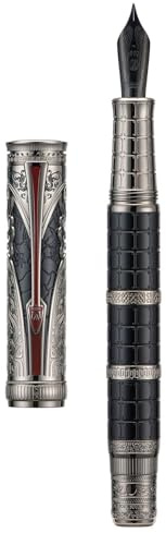 Hongdian D5X Fountain Pen, Qin Dynasty Retro Chinese Totem Engraving Smooth Writing with Converter and Pen Box, Extra Fine Nib, Black
