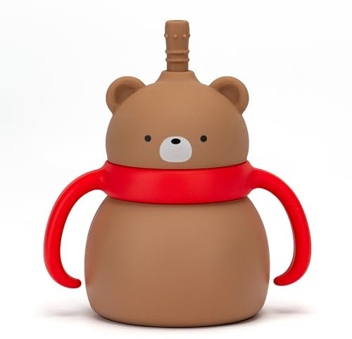 MOJINL Silikon Baby Becher Ab 6 Monate - Auslaufsicher Trinkbecher Mit Strohhalm, Deckel Und Griff - BPA Frei Spülmaschinenfester Silikonbecher (Beigebraun)