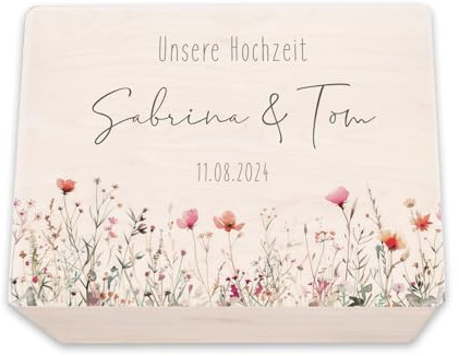 hellomini Personalisierte Erinnerungskiste aus Holz - Geschenk zur Hochzeit | Individuell mit Namen & Datum - Hochzeitsgeschenk/Hochzeitskiste (Blumenwiese, S: 30x20x14cm)