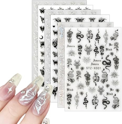 6 Sheets Nail Art Stickers - Nail Decals Self-Adhesive Set for Laser Snake, Butterfly, Star, Moon Designs, Nail Supplies - Women & Girls Nail Studio Decoration Accessories