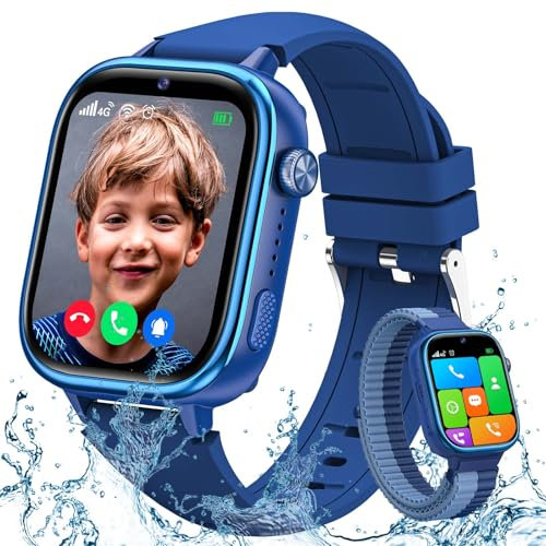 TotsyFun Montre Connectée Enfant GPS, 4G Montre Intelligente avec Carte Sim/SOS/Mode Classe/Appels Vidéo/Chat Vocal/Téléphone/Podomètre/Réveil/Jeux, IP68 Étanche Smartwatch pour Garçons Filles, Bleu