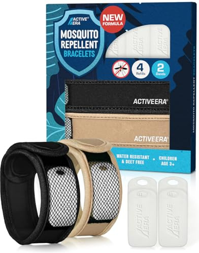 Active Era Mosquito Repellent Bracelet & Bands, Refillable Fabric Insect Wristbands Bundle, 2 Bracelets & 4 Pods, Adults & Kids 3+ — DEET-Free Citronella, 250-Hour, Camping, Hiking, Travel Essentials