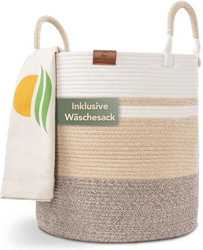 WIESEN.design Korb EMILIA Ø46xH48 cm Hellbraun/Weiß/80L, Wäschekorb geflochten aus Baumwolle, Wäschesammler, Aufbewahrungskorb groß, Korb geflochten, faltbarer Wäschekorb, Wäschetonne, laundry basket