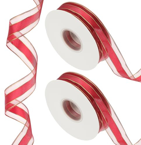 PATIKIL 100 Yardas x 1 Cinta a Rayas, Cinta Metálica Dorada y Rojo Oscuro para Envolver Regalos, Manualidades Navideñas, Diademas de Cumpleaños, Bodas y Decoración de Festivales