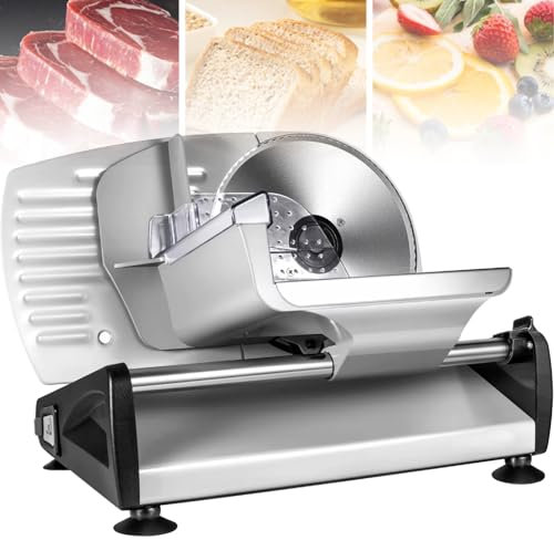 POCDOKYZ 200W Electric Meat Slicer, 7.5/19MM Removable Stainless Steel Blade, 0-15mm Adjustable Thickness + Manual Meat Planer + Convenient Cleaning,Natural