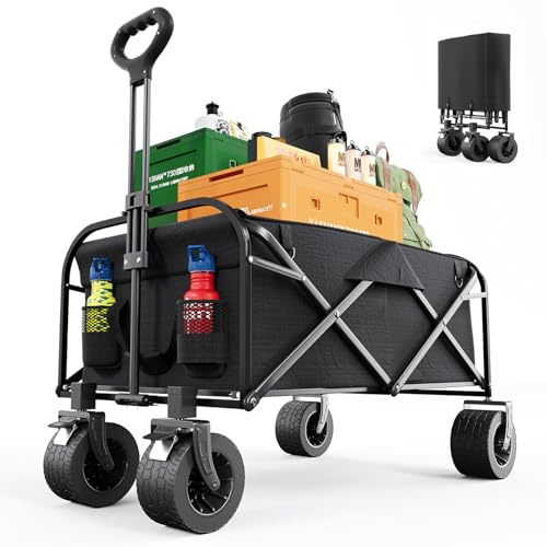 MUTUN Festival Trolley Heavy Duty, 150L Large Folding Wagon with Wide All-Terrain Wheels, 250KG Load Garden Cart Pull Along Hand Truck for Camping Beach Fishing Mud Proof, Black (17cm Tyres)