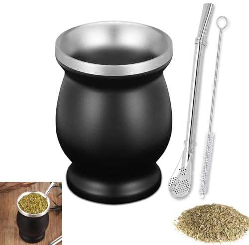 Set Mate, 230ML Calabaza Mate, Juego de Té, Tazas Yerba, con Pajita y Brocha, Juego de Taza de acero inoxidable, para Cocinas, Restaurantes, Cafeterías, Negro