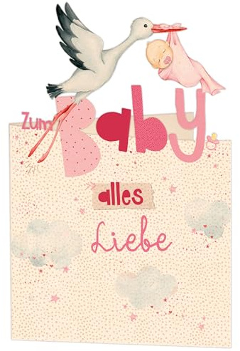 GreenLine Glückwunschkarte zur Geburt | 1 Stück mit Umschlag | Baby Glückwünsche für Mädchen | Klappkarte aus 100% baumfreien Zuckerrohrpapier | 3D Effekt-Card mit Laser-Cut | 11,5x17cm