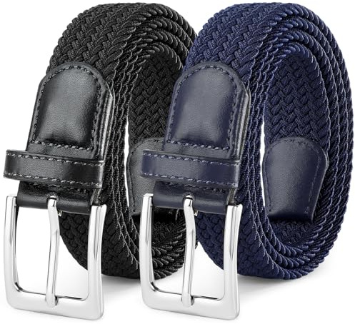 SUOSDEY 2-pack elastiska flätade bälten för män, unisex, män, kvinnor, stretchtyg, bälte, vävda midjebälten för jeans, shorts, byxor, 3,3 cm bred, Svart+blå (silverspänne), fits waist 30-34