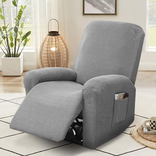 MeYuxg 4-Teilig Sesselbezug rutschfest,Sesselschoner für Relaxsessel mit Taschen,Sesselbezug Stretchhusse,All Inclusive Sesselüberwurf für Fernsehsessel Relaxsessel Sesselhusse (Hellgrau)