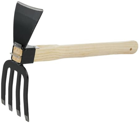 Dual-Purpose Hoe With Short Wooden Handle, Handheld Garden Tool 2 in 1 Rake and Hoe, Great for Loosening or Weeding Soil