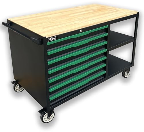 Griplier 7-Drawers Professional Tool Cart Cabinet,Rolling Tool Chest with Double Shelves,Wood Workbench,Brake Wheels,51.1W x 18.9D x 32.3H inches for Garage, Workshop, or Outdoor Use(7 Drawers)