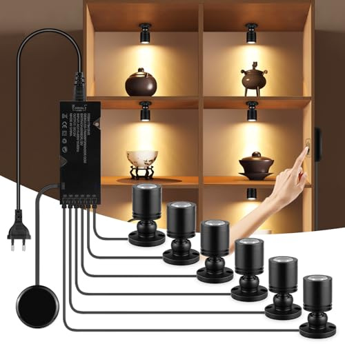 AIMENGTE LED Spotlight, Dimmable Berühren und Hand Sweep Dimmer Schalten, 6er Pack Warmes Weiß Schrankbeleuchtung mit Stromanschluss, for Vitrinenbeleuchtung, eckvitrine Plants, Art Accent Spot Lights