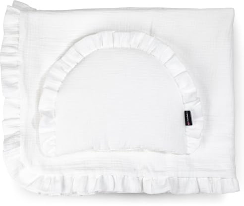 PinkZebra Musselin-Bettwäsche mit Rüschen, hochwertiges Bettenset: weiches Flachkissen + 4-lagige Decke aus 100% Bio-Baumwolle, Kuscheldecke, Schlafdecke, Weiß