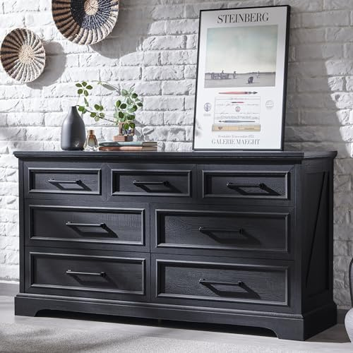 AetherWood Kommode mit 7 Schubladen, 132 cm breit, Aufbewahrungsschrank für Schlafzimmer & Wohnzimmer, Moderne Holzkommode mit viel Stauraum – Schwarz