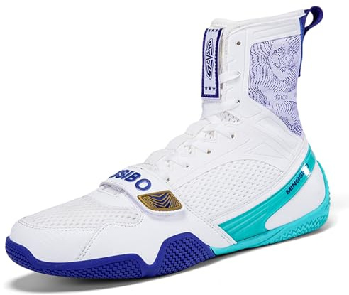 BLBK Zapatos de Boxeo para Hombres Calzado de Lucha Combate Boxeadores Juveniles Muay Thai Kickboxing Sparring Entrenadores Respirables Botas de Boxeo zapatillas de lucha para hombres, blanco y azul