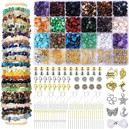 Schmuck Selber Machen Set, Natürliche Edelstein-Perlen 5–8mm,1180 Stück Unregelmäßige Natursteinperlen mit Loch, DIY Bastelset für Armbänder, Halsketten, Ohrringe & Ringe zum Auffädeln (Kieselperlen)