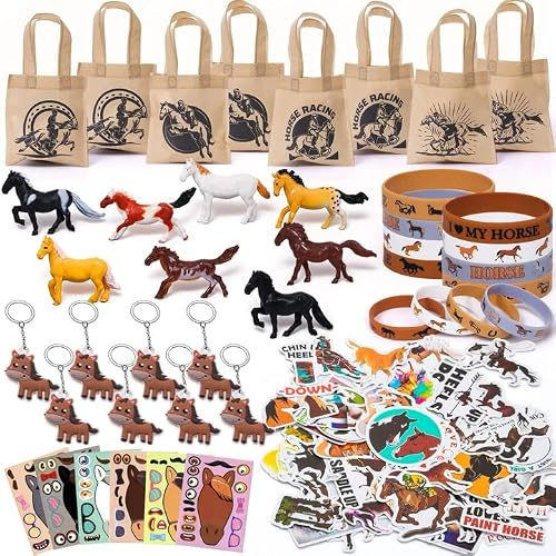 Cleboen 90PCS Pferde Party Mitgebsel Kindergeburtstag West Cowboy Figur Spielzeug Silikon Armbänder Schlüsselanhänger Aufkleber Geschenktüten Give Aways Mitbringsel Geburtstag Kinder Jungen Mädchen